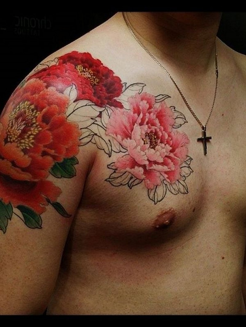 Unfinished work super realistic red peony flowers tattoo on chest and shoulder