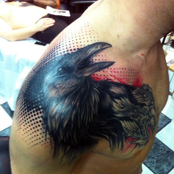 Unique 3D style colored crow on shoulder tattoo