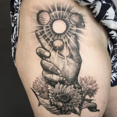 Unique black ink mystical thigh tattoo of hand with planets and flowers