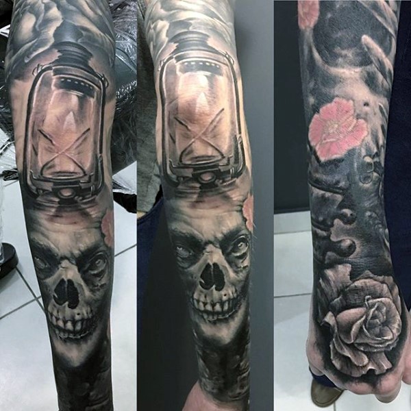 Unique combined colored flowers with monster and gas lighter tattoo on sleeve