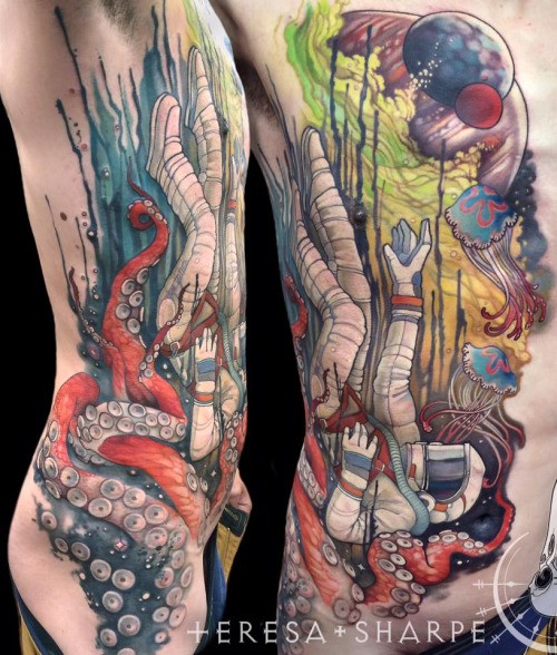 Unique combined colored space with astronaut under water side tattoo stylized with jellyfish and octopus