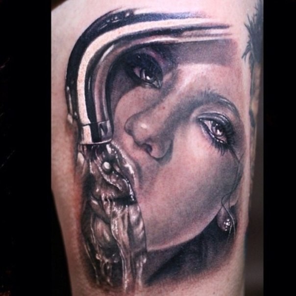 Unique designed 3D like very detailed arm tattoo of drinking water woman