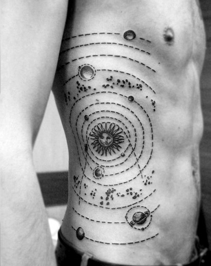 Unique designed and painted black and white solar system tattoo on side