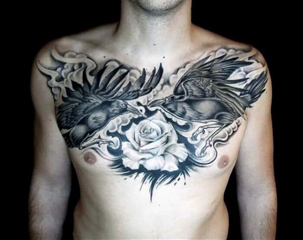 Unique designed black and white crows with rose tattoo on chest