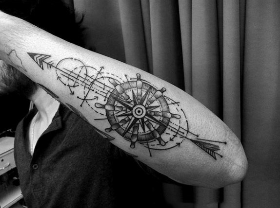 Unique designed black and white steering wheel with arrow tattoo on arm