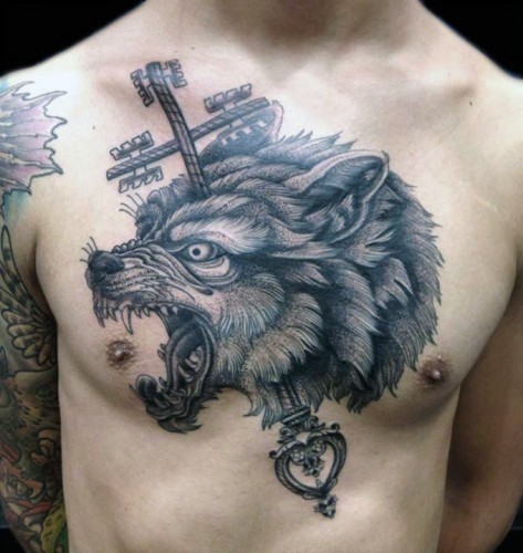 Unique designed black and white wolf with antic key tattoo on chest