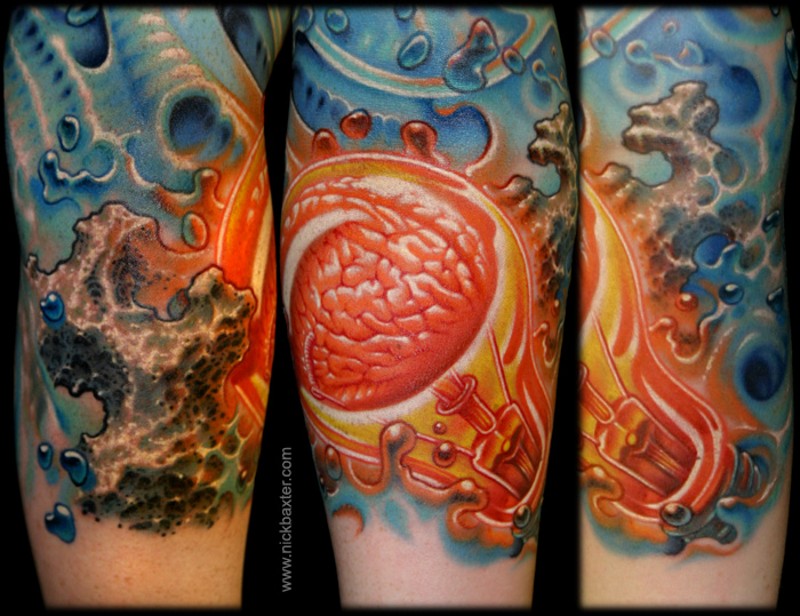 Unique designed colored bulb tattoo with human brain
