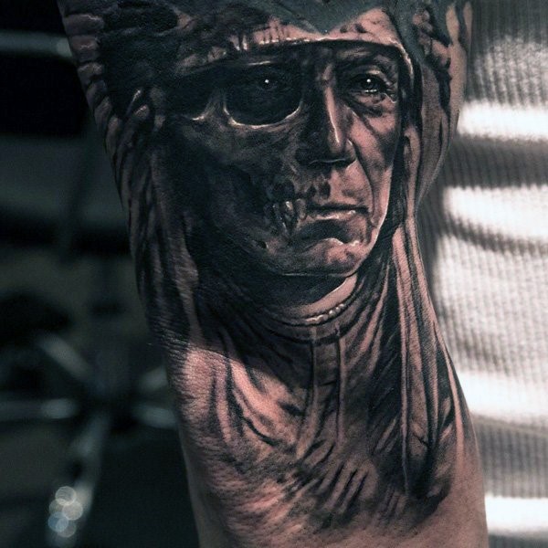 Unique designed colored old Indian skull face tattoo on elbow