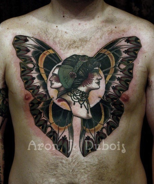 Unique designed colorful chest tattoo of woman and man faces stylized with butterfly wings