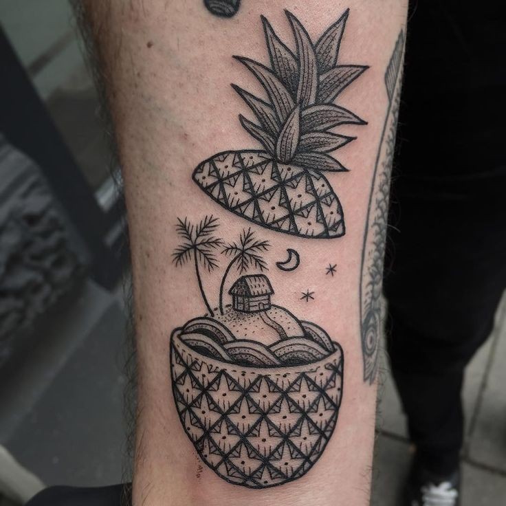 Unique designed little black ink forearm tattoo of pineapple with little island and house