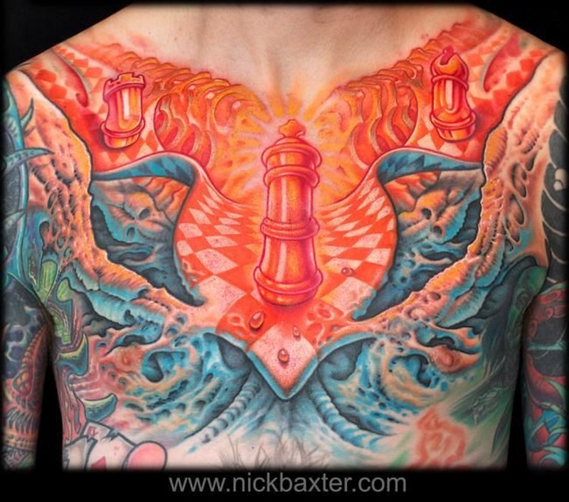 Unique multicolored chess themed tattoo on chest with glowing figure