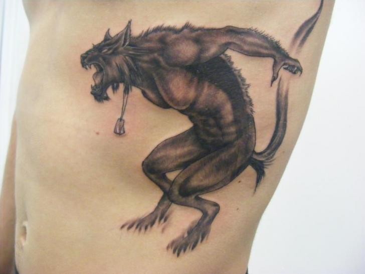 Unique painted black and white side tattoo of fantasy roaring monster