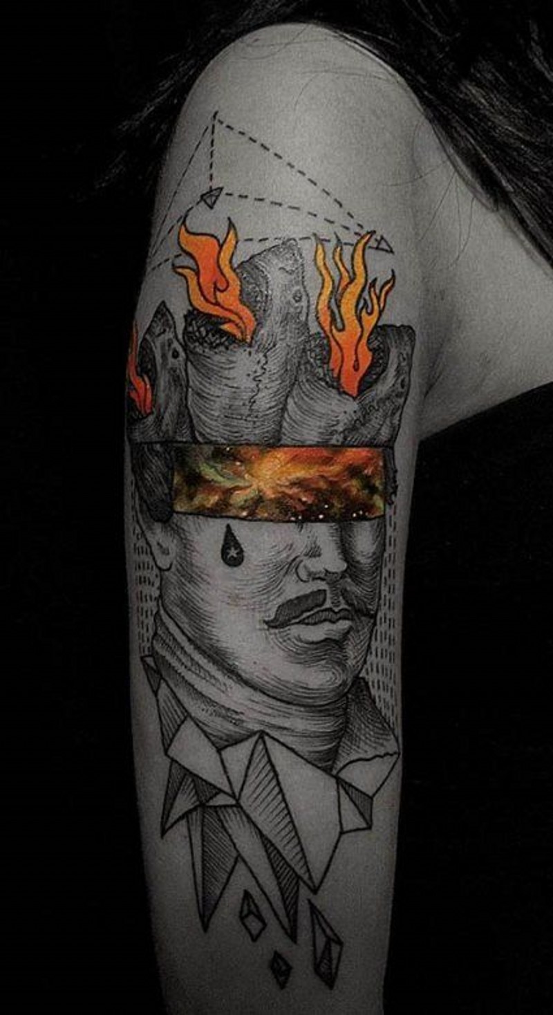 Unique style painted and colored half portrait half geometrical tattoo on arm