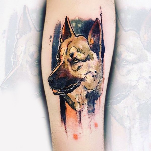 Unique style painted colored cute dog portrait tattoo on arm