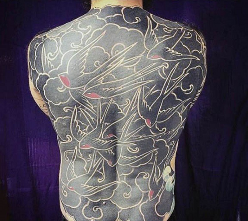 Unique style painted colored massive flying birds tattoo on whole back