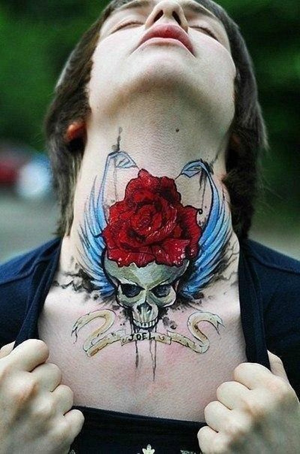 Unique technique winged skull with red rose on top and banner snake shaped lettering neck tattoo