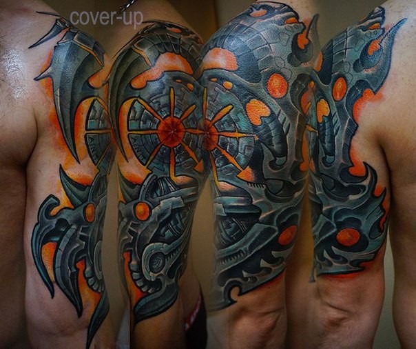 New school style colored shoulder tattoo of impressive alien technology