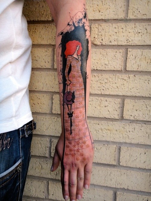 Illustrative style colored arm tattoo of woman with orange hair and hat