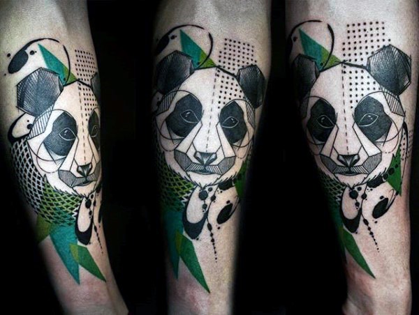 New school style colored arm tattoo of panda bear with ornaments