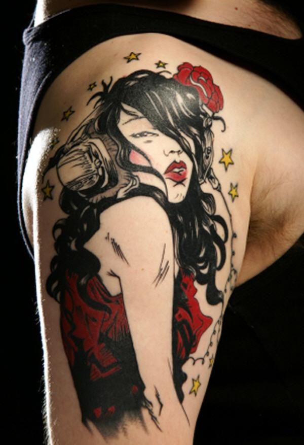 Illustrative style colored shoulder tattoo of seductive woman with rose and stars