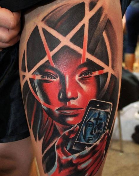 New school style colored shoulder tattoo of demonic woman with star and phone