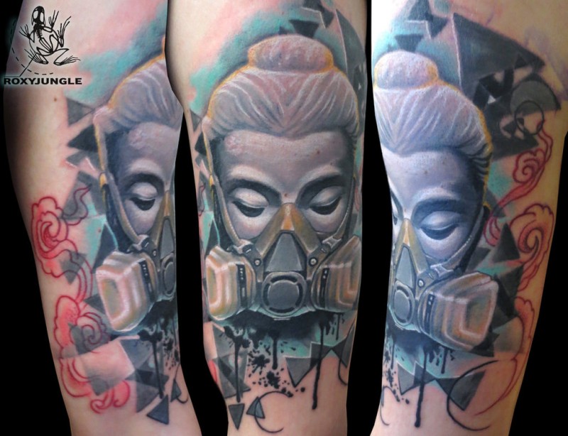 New school style colored shoulder tattoo of woman with gas mask