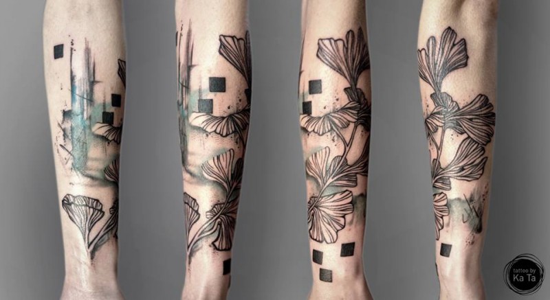 Illustrative style colored arm tattoo of big flowers