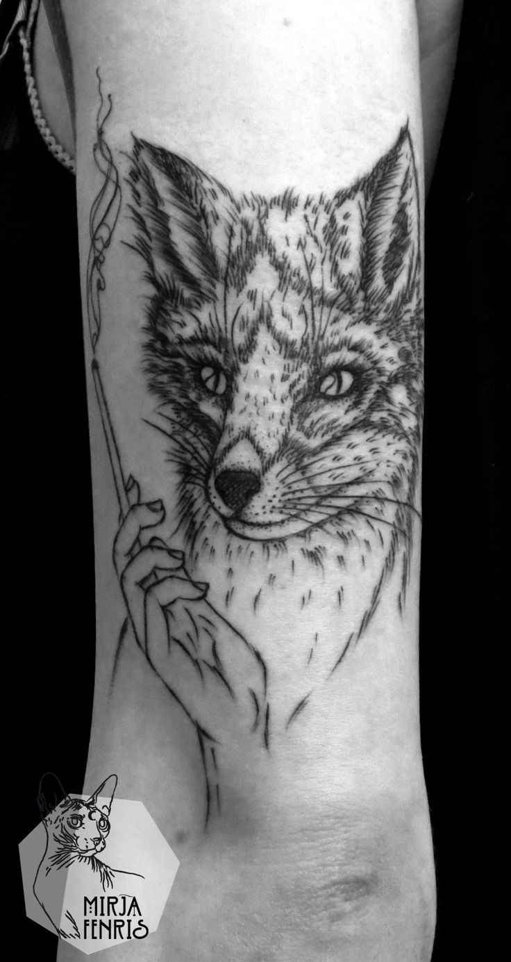 Illustrative style colored arm tattoo of funny looking smoking fox