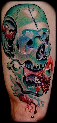 New school style colored arm tattoo of creepy human skull with bloody eye