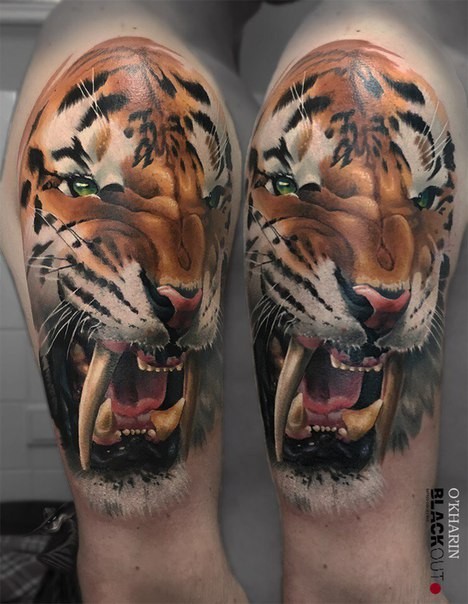 Illustrative style colored shoulder tattoo of roaring tiger