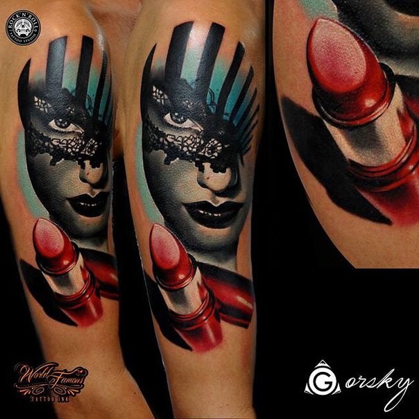 New school style colored shoulder tattoo of woman face with mask and lipstick