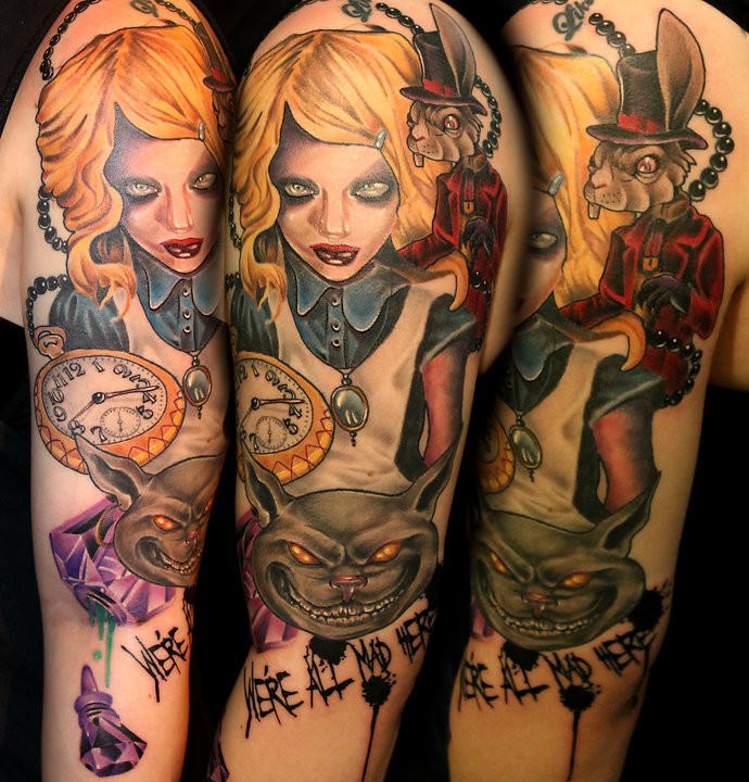 Illustrative style colored shoulder tattoo of creepy Alice with monsters and clock