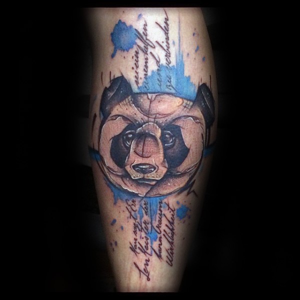 New school style colored leg tattoo of cute panda with lettering