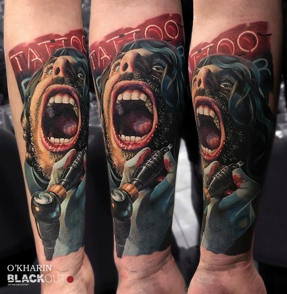 New school style colored forearm tattoo of screaming man with lettering