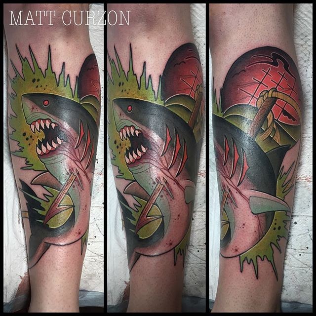 New school style colored leg tattoo of bloody shark with harpoon
