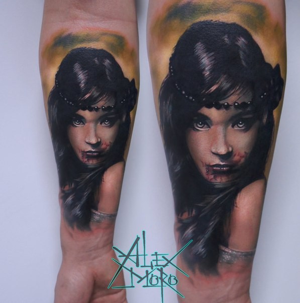 New school style colored forearm tattoo of bloody woman face