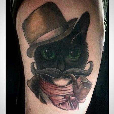 New school style colored shoulder tattoo of Gentleman style cat with smoking pipe