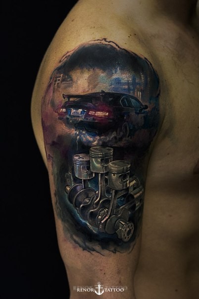 Illustrative style colored shoulder tattoo of modern racing car with engine