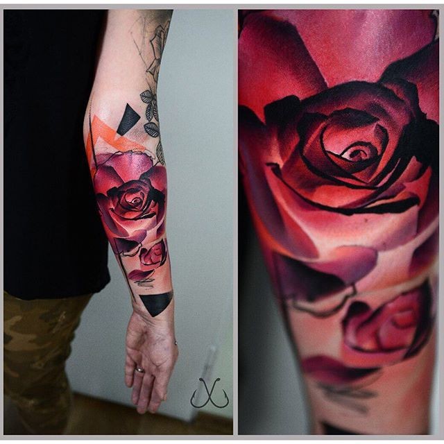New school style colored arm tattoo of big red rose with ornaments