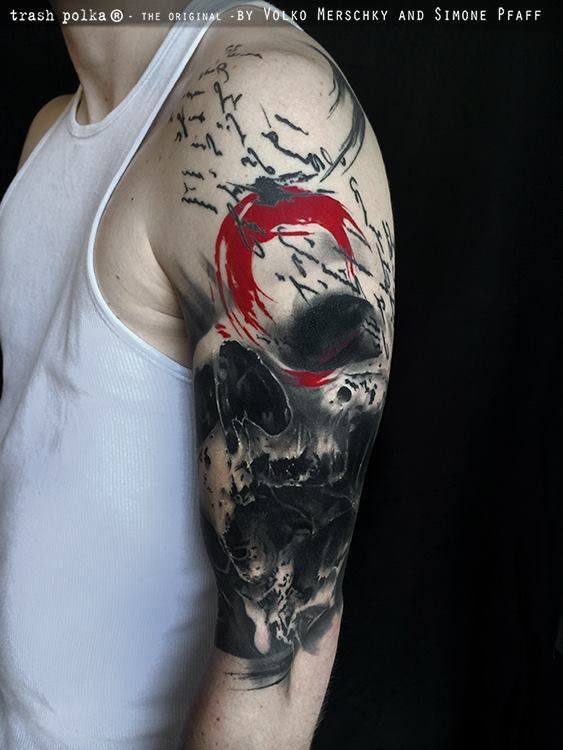 New school style colored shoulder tattoo of human skull part and lettering