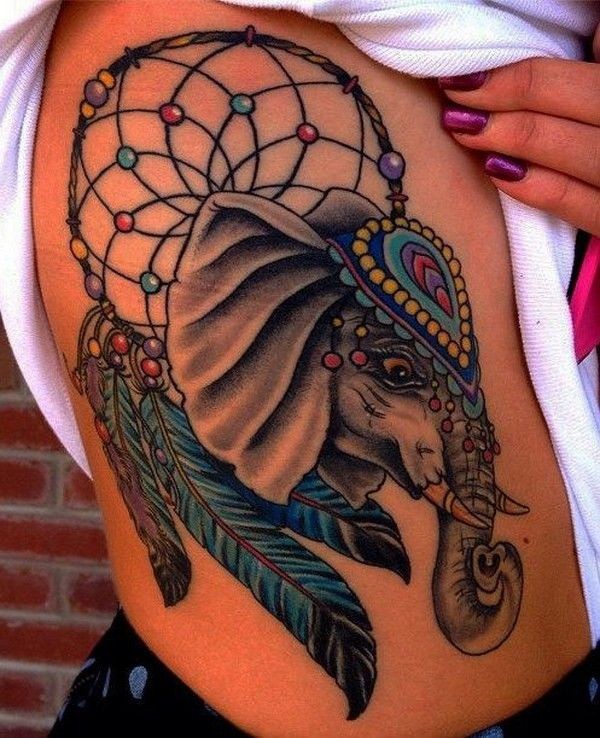 New school style colored shoulder tattoo of saint elephant with dream catcher