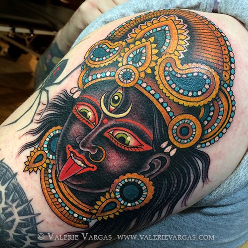 New school style colored shoulder tattoo of Hinduism Goddess with jewelry