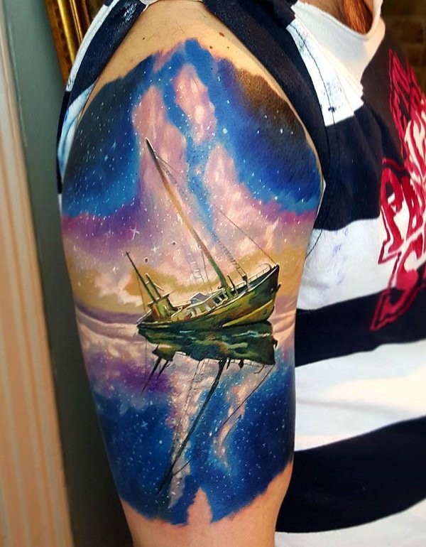 Illustrative style colored shoulder tattoo of old sailing ship