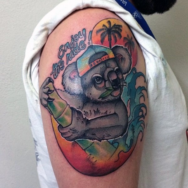 New school style colored shoulder tattoo of koala bear with lettering