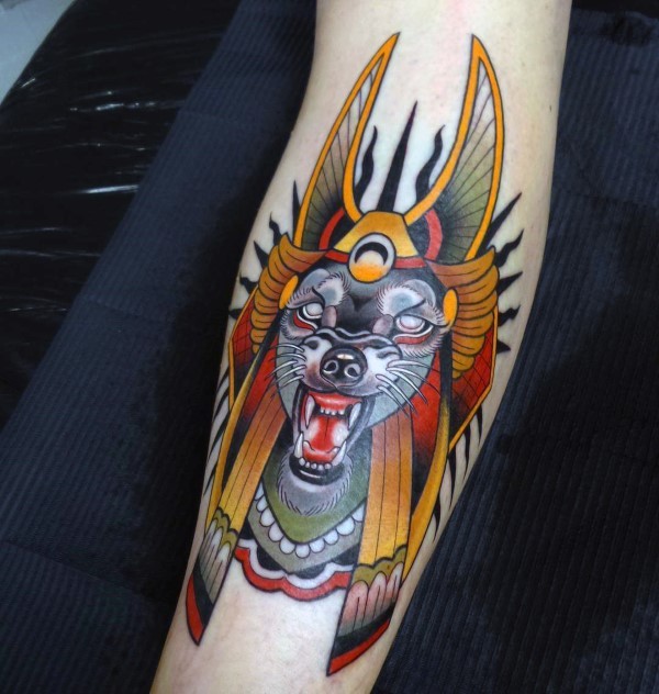 New school style colored forearm tattoo of Egypt Dog