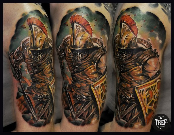 Illustrative style colored shoulder tattoo of ancient warrior