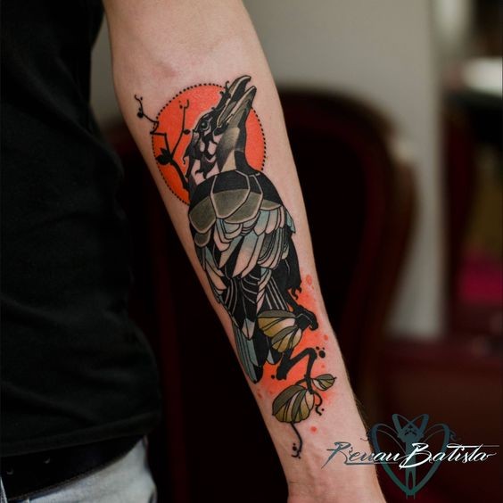 New school style colored forearm tattoo of creepy crow