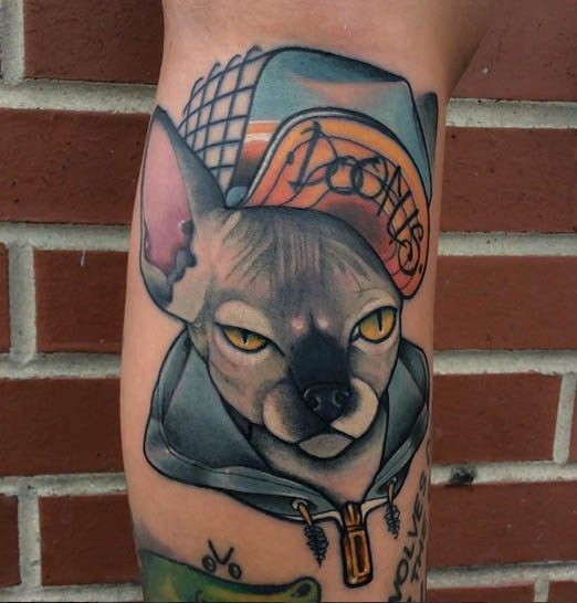 New school style colored leg tattoo of thug cat with lettering