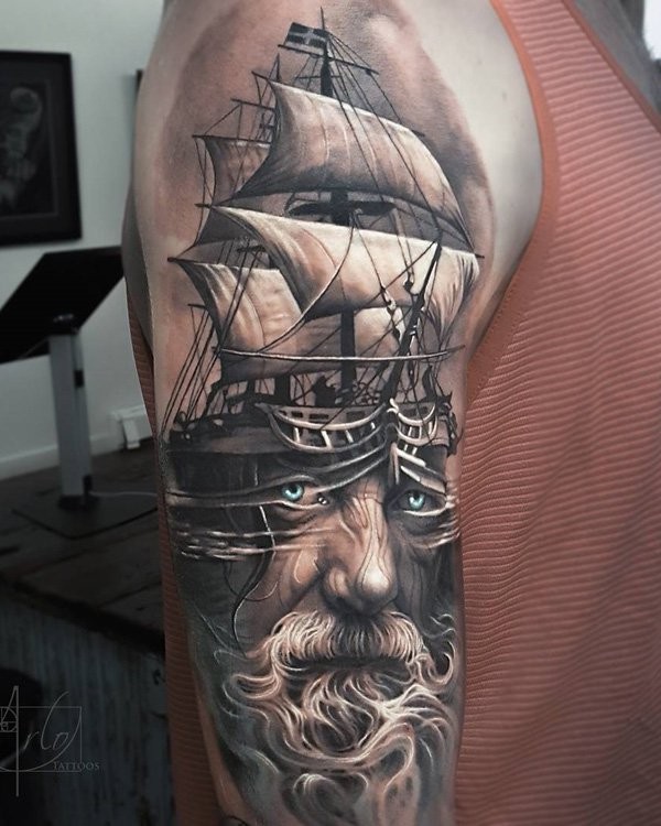 New school style colored shoulder tattoo of large sailing ship with old sad man