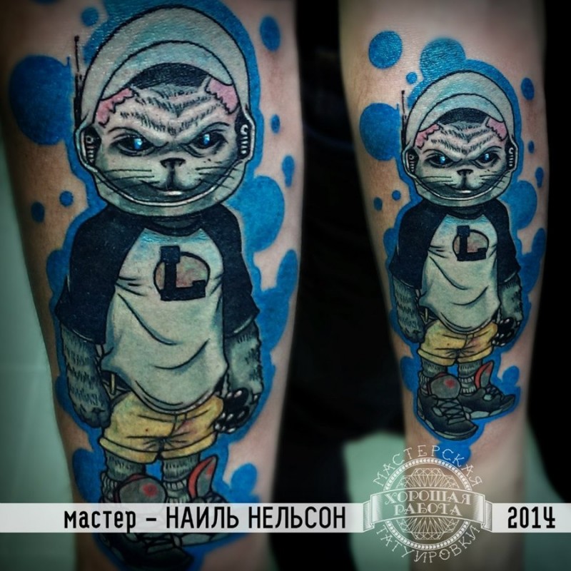 Illustrative style colored arm tattoo of evil space cat